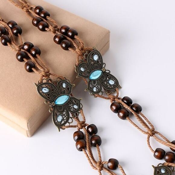 Boho Butterfly Rhinestone Blue Turquoise And Brown Beaded Woven Soft Tie Belt - Picture 6 of 12